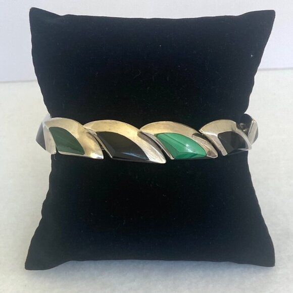 VTG 950 Silver Heavy Taxco Mexico Modernist Style Malachite Onyx Link Bracelet - Picture 1 of 16